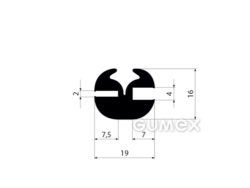 Pryžový profil do oken dopravních prostředků, 16x19/2/4mm, doporučený klínek 00598001, 70°ShA, EPDM, -40°C/+100°C, černý